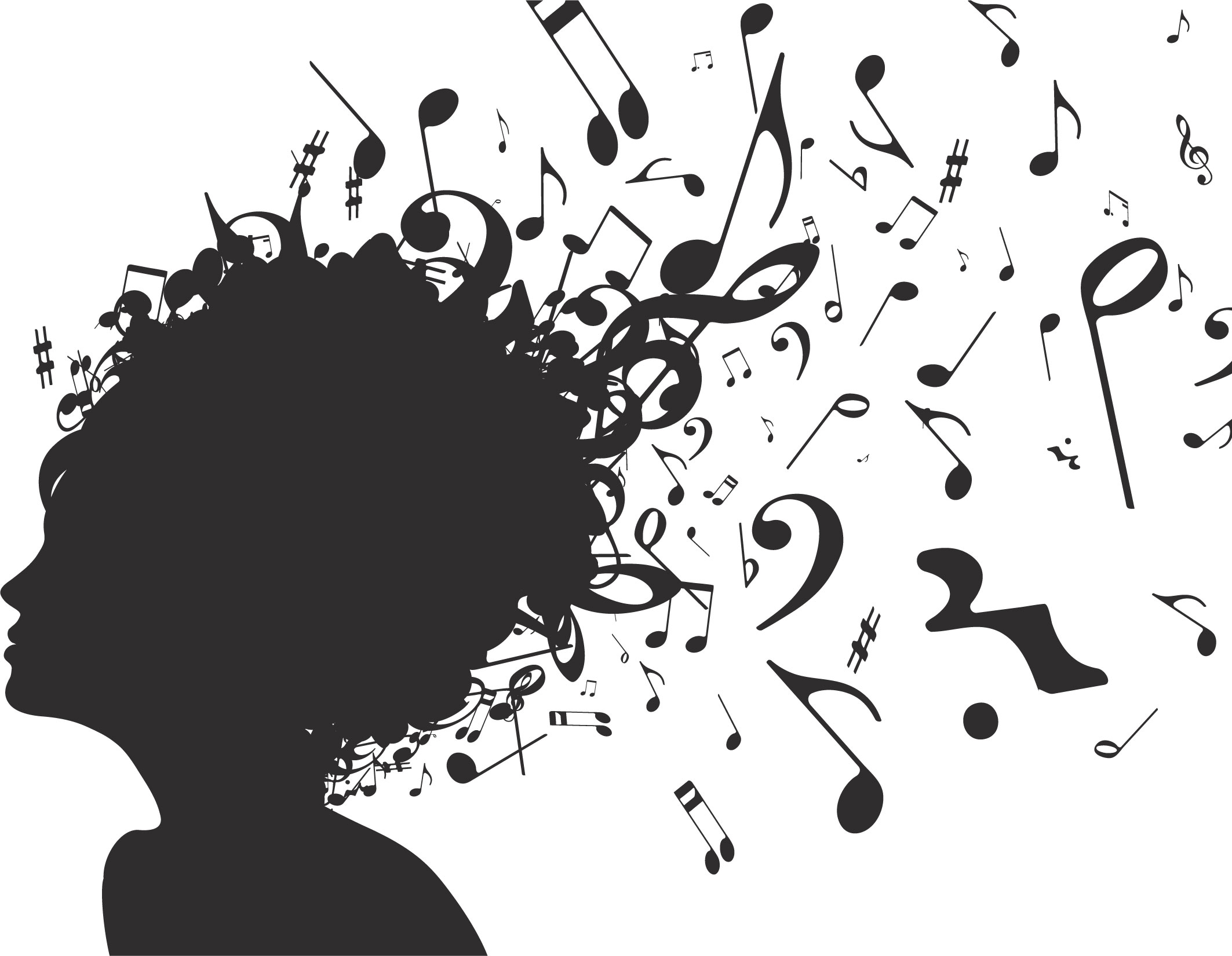 音楽・音符イラスト素材「女性の髪から吹き出る音符」