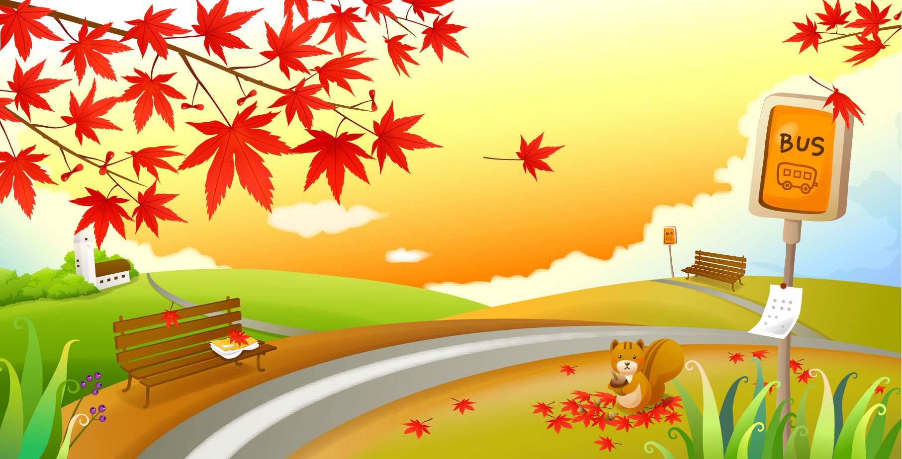 秋のイラストno 281 もみじのバス停 無料のフリー素材集 花鳥風月