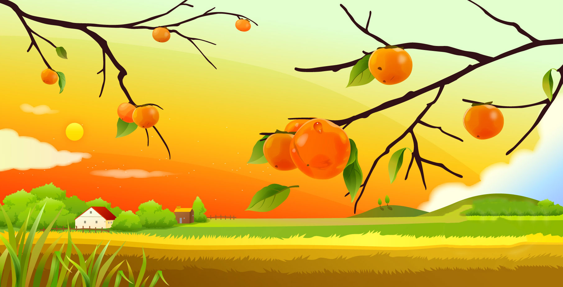 秋のイラストno 296 柿の木 夕暮れ 無料のフリー素材集 花鳥風月