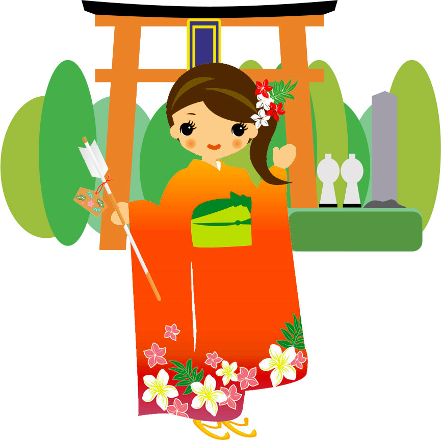 １月のイラストno 147 初詣をする着物女性 無料のフリー素材集 花鳥風月