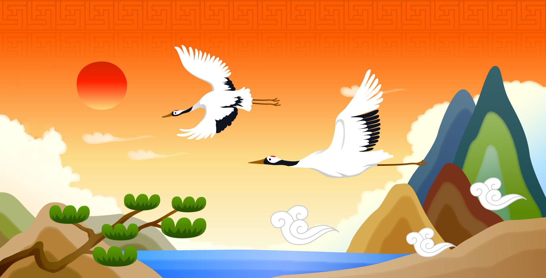 １月のイラストno 104 山間を飛ぶ鶴 無料のフリー素材集 花鳥風月