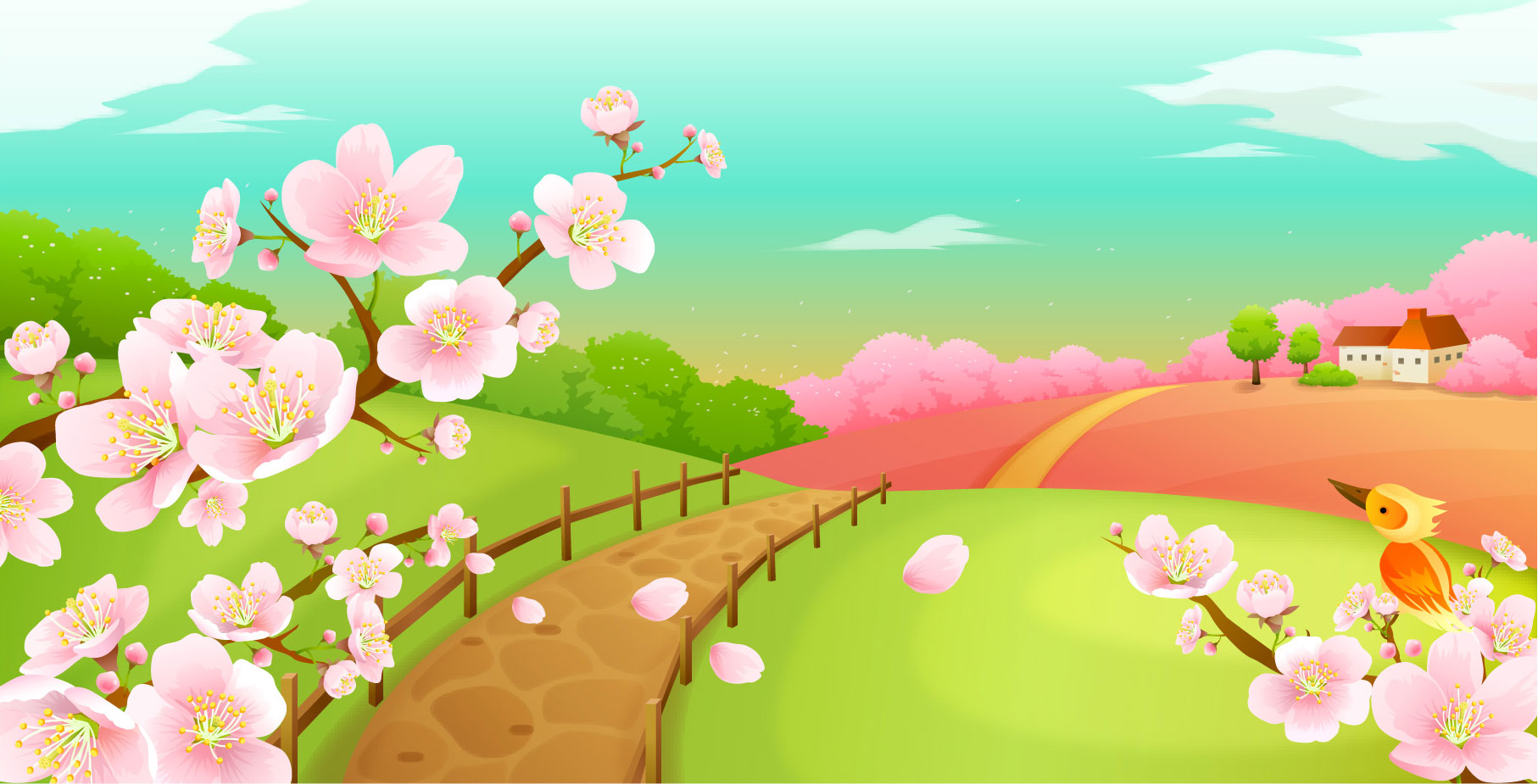 春のイラストno 124 桜並木のある小道 無料のフリー素材集 花鳥風月
