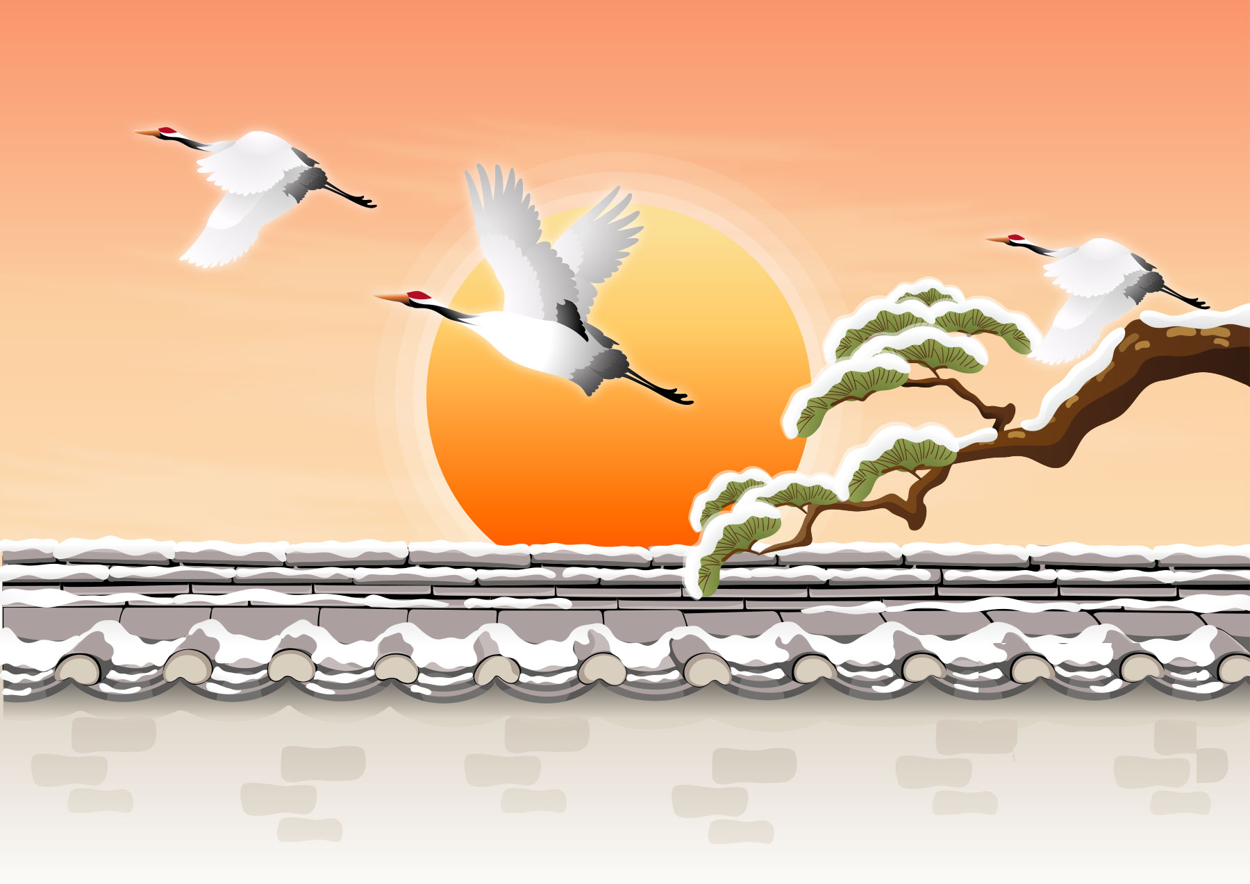 冬の画像サンプル-夕日と鶴